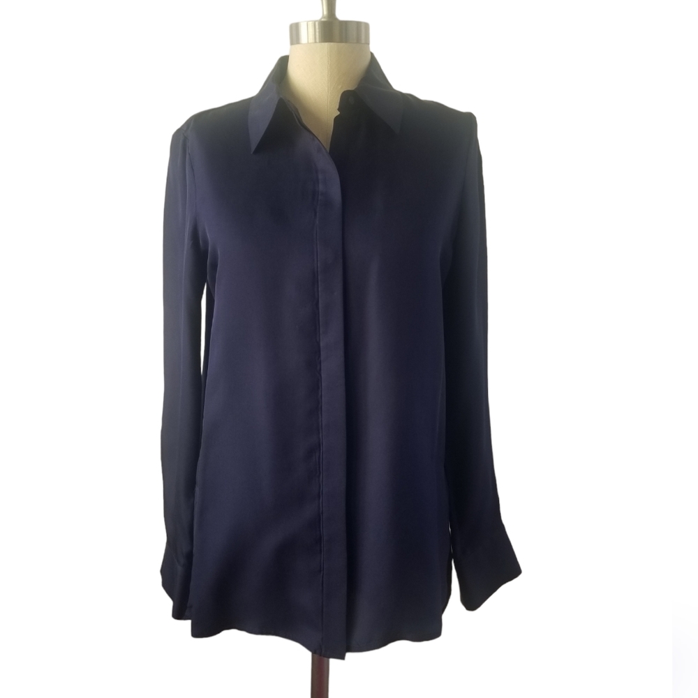 LORD & TAYLOR Navy Blue Silk Button-Down Blouse | SZ S/P